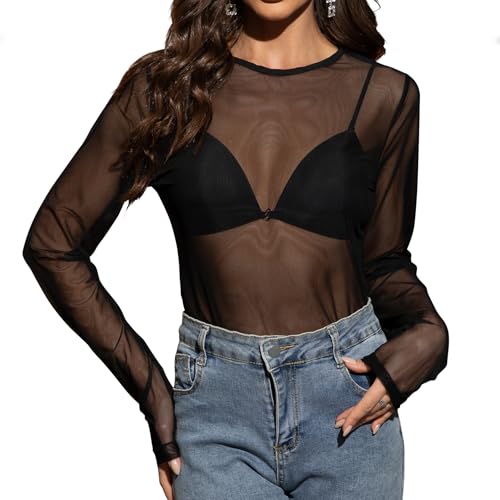 Image of Womens Mesh Sheer Top Lace Long Sleeve Layering Top Crewneck Sexy See Through Long Sleeve Blouse