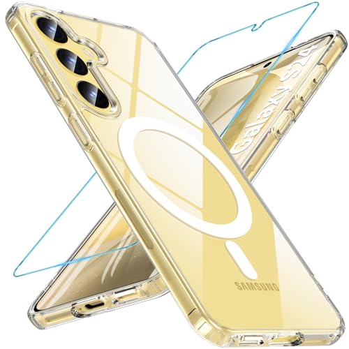 Image of OWKEY for Galaxy S24|S25 Case 6.2'',Magnetic Samsung Galaxy S24 /S25 Case for Magsafe with Tempered Glass Screen Protector, [Shockproof Military] Transparent Back Slim Bumper Cover S24 S25 Case, Clear