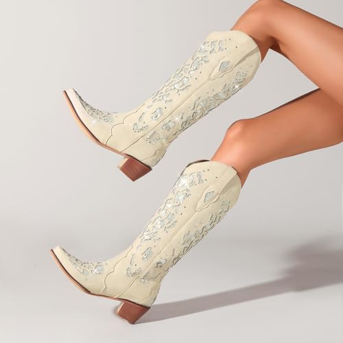 Image of LingxiaUne White Cowboy Boots for Women, Cowgirl Boots Comfortable Chunky Heel Rhinestone Wedding Boots Trendy Vintage Tall Glitter Boots with Embroidery for Daily Wearing| Party Size8