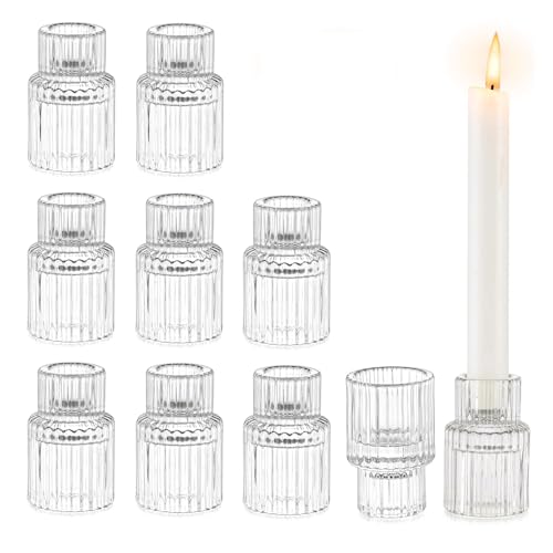 NUPTIO Glass Candle Holder for Decor: Set of 10 Small Clear Taper Candlestick Holders for Table Centerpiece - Modern Ribbed Decorations for Ramadan Christmas Wedding Dining Party