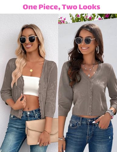 Image of Women Crop Cardigan Sweaters Lightweight 3 /4 Sleeve Button Up Crochet Shrug | Textured Bolero For Dresses Dressy Casual, V Neck, Ladies Eyelet Shawl Thin Trendy