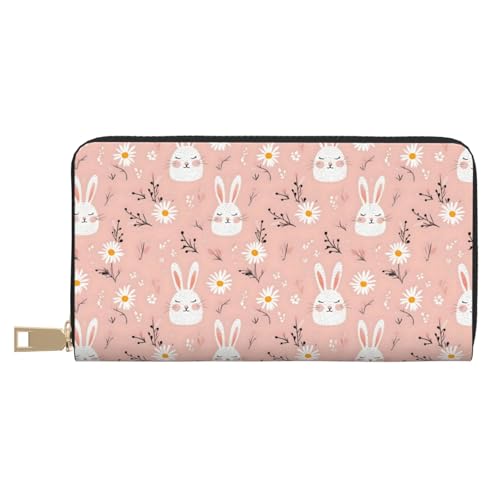 Leather Thin Slim Wallets for Women Men - Fashion Cute Bunny Daisy Print Card Wallet Holder with Zipper