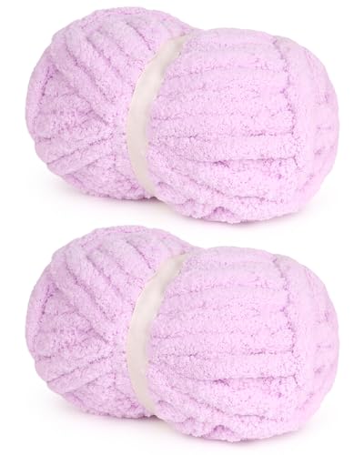 Image of Light Pruple Chunky Chenille Yarn for Easy Crocheting Hand Arm Knitting, Super Bulky Soft Plush Warm Fluffy Yarn for Blankets, Large Thick Chenille Yarns for Beginners (2 PCS, 28yds /8oz Each) | #10 Giant Soft Chenille Yarn,Quick Easy Thick for Hand Knitting,Tie Dye Mixed Pink Yarn,28yds /8oz Each Skein