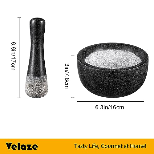 Velaze Large Mortar and Pestle Set, 100% Granite, Natural Unpolished, Herb Crusher, Spice Grinder, Stone Grinder Bowl for Making Guacamole and Pesto, 6.3 Inch Pestle and 16 oz Mortar(2 Cup)