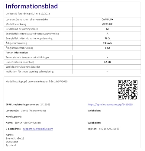 CAMPLUX Climitech 4 Gasdurchlauferhitzer 12 Liter, Indoor Gasdusche für Küche/Bad, Butan/Propan, 28-50 mbar, GX318LP