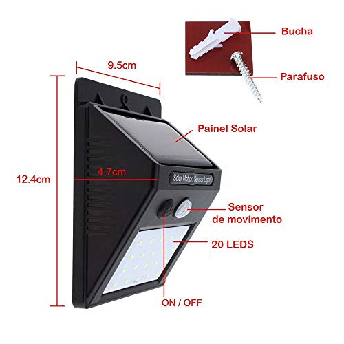 Luminária Solar De Parede 20 Leds Sensor 12 horas de Energia Lampada