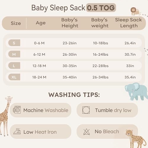 Image of Baby Sleep Sack 6-12 Months 0.5 Tog Wearable Blanket Baby, 3 Pack 100% Cotton Lightweight Sleeping Sack with 2-Way Zipper for Newborn Infant Apricot Gray Green Elephant