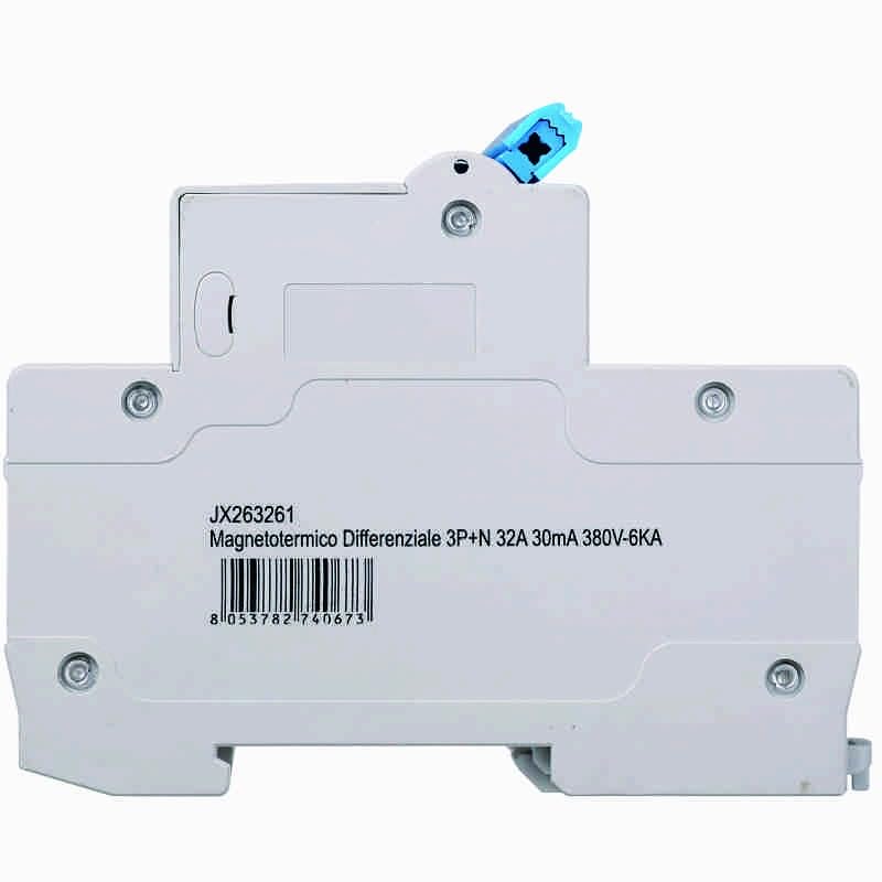 Interruttore Magnetotermico Differenziale, 3P+N, 380V-6KA, 30mA, 4 Moduli DIN (32A)