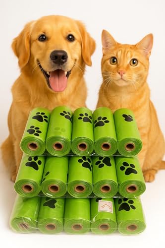Image of Dog Poop waste Bags with Paw Print Design, 15 Rolls, total 225 Count, Thick & Leak-Proof, 8.7 x 11.8 inches, Unscented