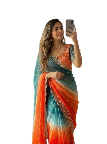 Bhagyavati Designer Fendy Sattin Space Silk Padding Saree with Multi Sequence Embroidery Work, Ombre Gradient, Running Blo...
