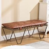 HEAH-YO 49' Modern Industrial Entryway Bench, PU Leather Upholstered End of Bed Bench, Comfy Ottoman Bench with Removable Cushion/Brass Metal Frame for Hallway Dining Living Room, Brown