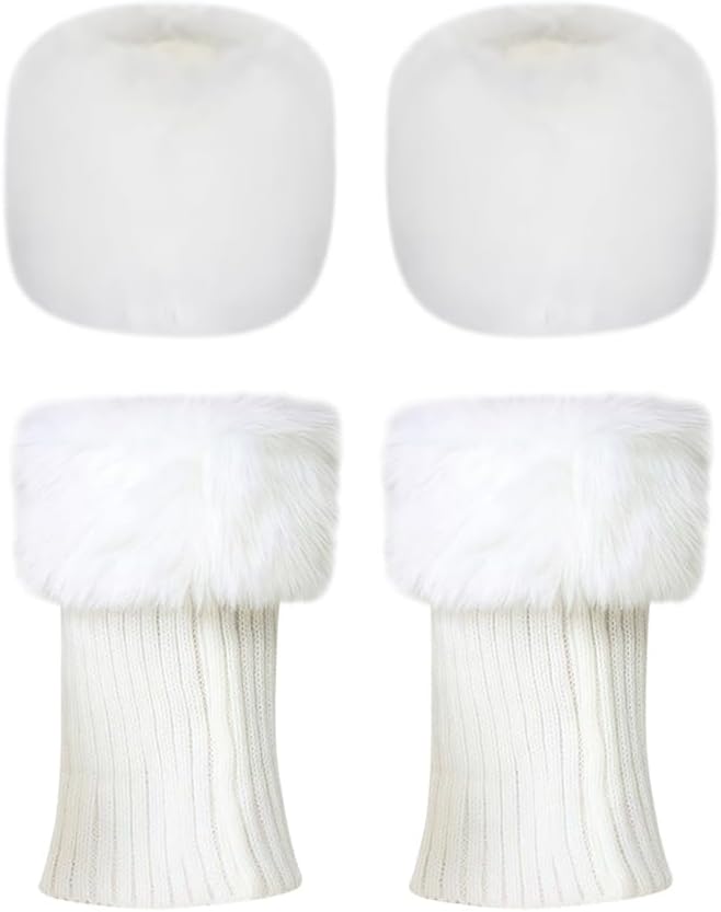 GSHLLO Faux Fur Wrist Cuffs and Winter Fluffy Boot Covers Sleeves Plush Short Leg Warmers Furry Hand Bracelet Knit Foot Cuff White