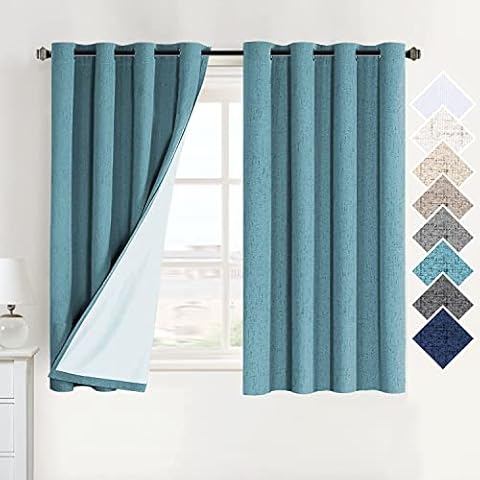 Flamingo P 100% Blackout Curtains Textured Linen Curtains for Bedroom Energy Saving Window Treatment Grommet Burlap Curtain Drapes Thermal Insulated White Liner, 2 Panels, 52 x 63 Inch, Teal Cover