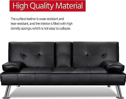 Anwickmak Convertible Folding Futon Sofa Bed, Fabric Linen Upholstered Modern Couch Loveseat Sleeper, Folding Daybed Guest Bed, Removable Armrests, 2 Cup Holders, Metal Legs (Black) #TOP6
