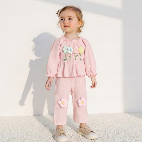Amnnchya Toddler Baby Girl Outfits Infant Puff Sleeve Smocked Floral Tops Pants Cute Kids Girls Fall Winter Clothes Set (Pink, 18-24 Months)