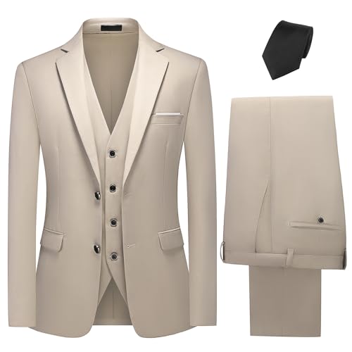 KUDMOL Mens Suits 3 Piece Classical Two Buttons Business Suit Blazer Waistcoat Trousers Set with Black Tie（Champagne,XL）