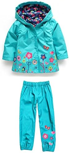 FOTTON Girl's Cute Flowers Rain Coat Pants Jacket Sets (4T, Blue)