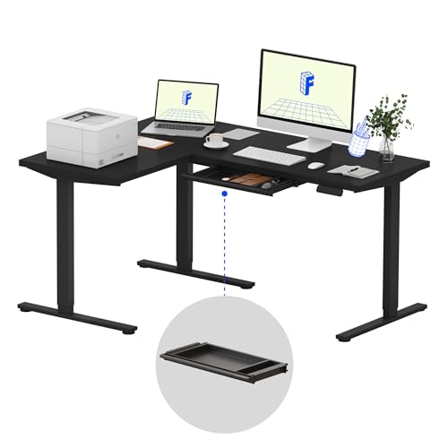 Image of FLEXISPOT L Shaped Standing Desk, 63 x 47 Inch Electric Height Adjustable Corner Desk, Sit Stand Computer Workstation, Preset Controller, Home Office, Black Frame with Black Top, Black Drawer