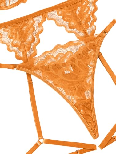 Image of Lilosy Sexy Choker Floral Lace Scallop Sheer Underwire Push Up Garter Belt Lingerie Set 3 Piece for Women See Through Bachelorette Bra and Panty Neon Orange Medium