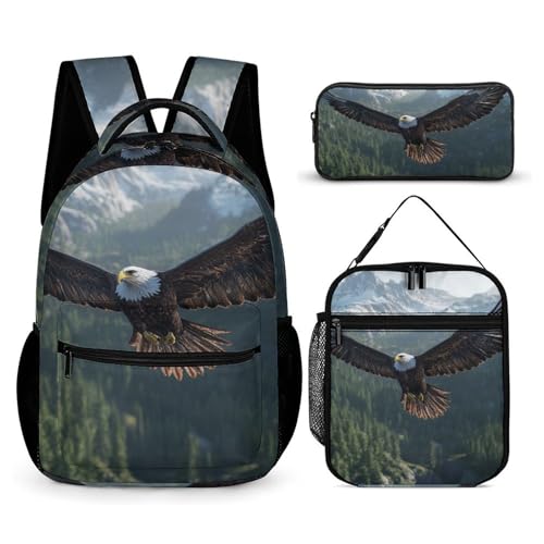 Eagle Flying over Mountains Backpack Shoulder Bags Lunch Bag Pencil Case Box 3 Set Daypack Cute