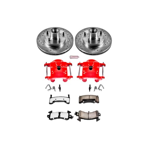 Image of PowerStop Front Brake & Caliper Kit for Buick Century 1979-81 |Regal 1979-81 |Chevrolet El Camino 1979-81 - Drilled & Slotted Disc Rotors + Z36 Brake Pads + Red-Powder Coated Calipers, KC1485-36