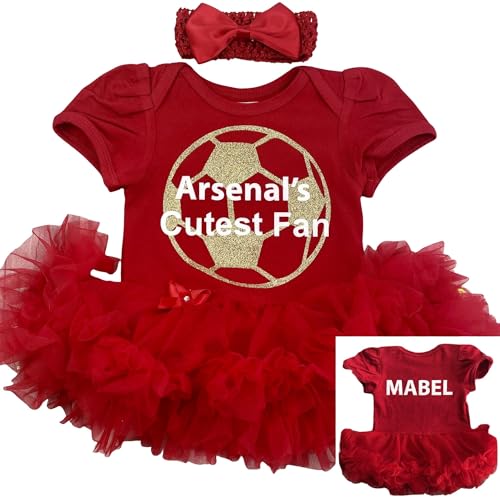 Little Secrets Clothing Baby Girl's Personalised Arsenal's Cutest Fan Red Tutu Romper with Bow Headband, Baby Football Kit Gift (3-6 months)