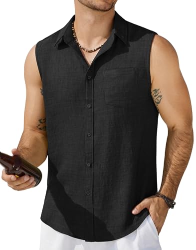 COOFANDY Summer Casual Tank Tops for Men Sleeveless Button Up Shirt Fashion Tank Shirt Black XX-Large