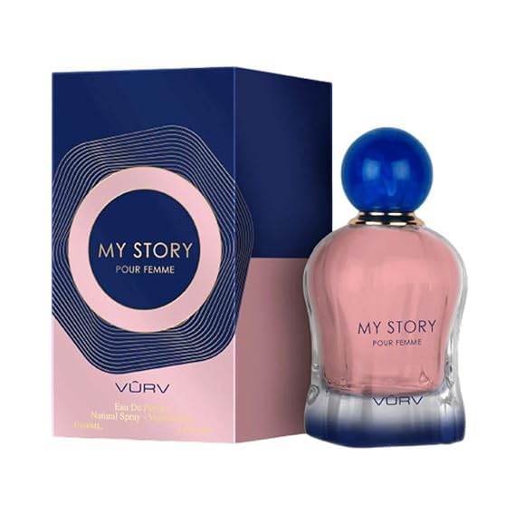 My Story Pour Femme Eau De Parfum, fragancia natural para mujer, botella de vidrio rosa y azul marino, 3.5 fl oz