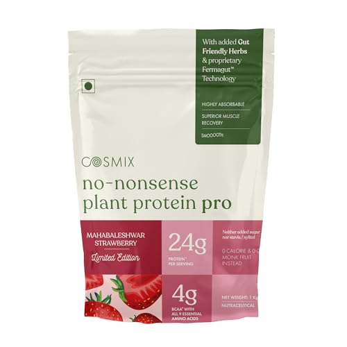 Image of Cosmix No-Nonsense Plant Protein Pro | 24g Plant Protein /Serve | Mahabaleshwar Strawberry | Clean Vegan Yeast Protein | Gut-Friendly | Easy to Digest | All Essential Amino Acids | Made with Real Mahabaleshwar Strawberries | 1kg
