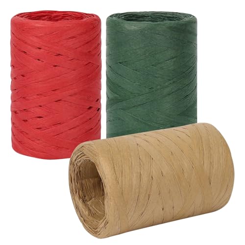 3 Rolls 300m Raffia Ribbon Natural Matte Raffia Ribbon Paper String for Gift Wrapping Crafting Wedding Bouquet Packing and Crocheting (Red Green Brown)