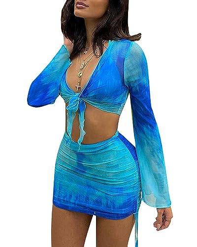 Image of Women's Sexy Long Sleeve Two 2 Pieces Outfits Sheer Mesh Mini Dress Skirt Set Top V Neck Backless Ruched Bodycon Cover Up