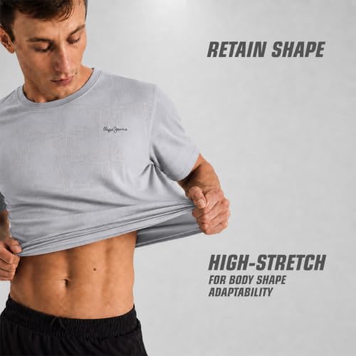 Image of Pepe Jeans Men's Solid Polyester Regular Fit Athleisure T-Shirt | Durable Lightweight Performance Tee for Gym & Casual Use | Breathable Quick-Dry Fabric | Round Neck | Short Sleeves | Sporty Comfort