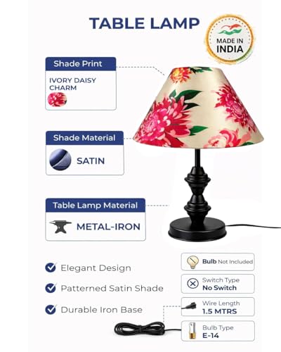 Image of tu casa Modern Table Lamp with Crimson Floral Satin Shade | Metal Iron Base Decorative lamp for Living Room| Study & Home Decor, Designer Table Lamp for Gifting (Ivory Daisy)