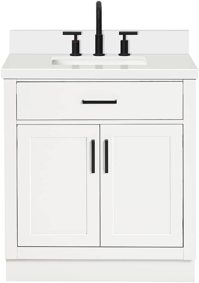 ARIEL Hepburn 30-inch Bathroom Vanity with Sink,Solid Wood, 1.5-inch Pure White Quartz Countertop & Backsplash, Single Rectangular Porcelain Sink, 2 Soft Closing Doors, 1 Dovetail Drawers, White