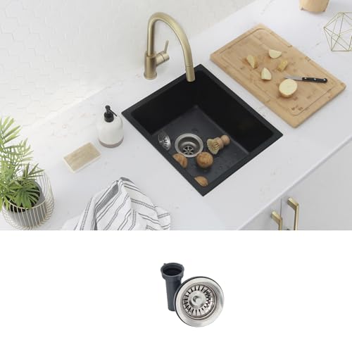 Image of Stylish 15.5 x 17.5 Inch Composite Granite Kitchen or Bar Sink, Single Bowl Under Mount & Drop in, 8.5 in Deep, Rear-Center Drain, with Strainer, Black, S-816N