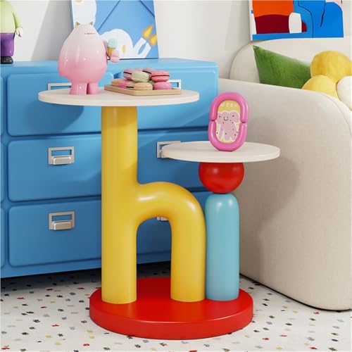 Round End Table with Double-Layer Tabletop, Cute HI-Shape Side Table,