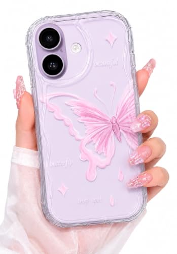 Image of VONZEE Cute Pink Butterfly Transparent Back Cover for iPhone 17| Clear Shockproof TPU Protective Case | Slim Anti-Yellowing Crystal Clear Phone Cover for Girls and Women