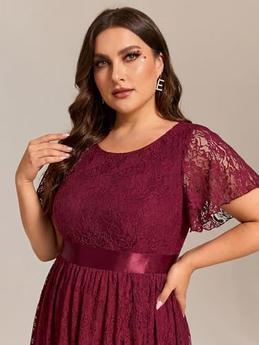 Image of Ever-Pretty Plus Women's Lace Round Neck Short Sleeves High Low Plus Size Midi Cocktail Wedding Guest Dresses Burgundy US22