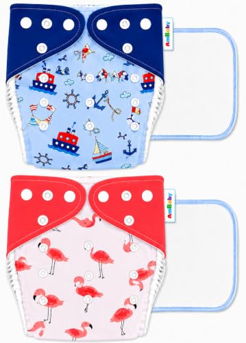 Image of Ambaby Pack of 4 Premium Pocket Cloth Diapers with 2 Diaper Covers & 2 High-Absorbency 4Layer Insert Pads. Leak-Proof, Adjustable, Breathable, Reusable & Washable. Fits Babies 3 Months-3 Years(3-18kg)
