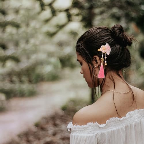 Pinzas pelo estilo japonés de aleación con madera artesanal y flores 5