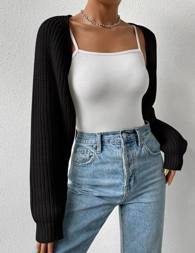 Women's Long Sleeve Open Front Knitted Crop Cardigan Drop Shoulder Knit Bolero Shrug Sweater3