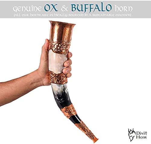 D H Divit Genuine Viking Drinking Horn with Iron Stand | Authentic Medieval Beer Drinking Horn | Brass Adornments & Burlap Gift Sack Included | 16 oz Capacity | (Copper, Polished)