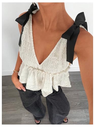 Milumia Women's Y2k Bow Knot Babydoll Tank Top Textured V Neck Sleeveless Ruffle Crop Tops4