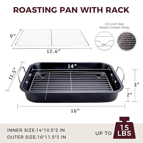 HONGBAKE Small Roasting Pan with Flat Rack for 15 Lb Turkey, 16 X 11.5 Inch Nonstick Chicken Roaster Tray for Oven, Baking Pans for Cooking Lasagna with Stainless Steel Handles