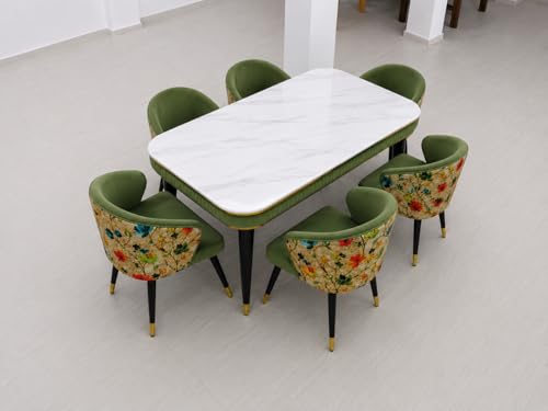 Image of WOODEN SPACE 6-Seater Wooden Dining Table Set | Nano Composite Marble Top | Solid Wood Base | Modern Dining Room Furniture with 6 Chairs (Light Green Printed)