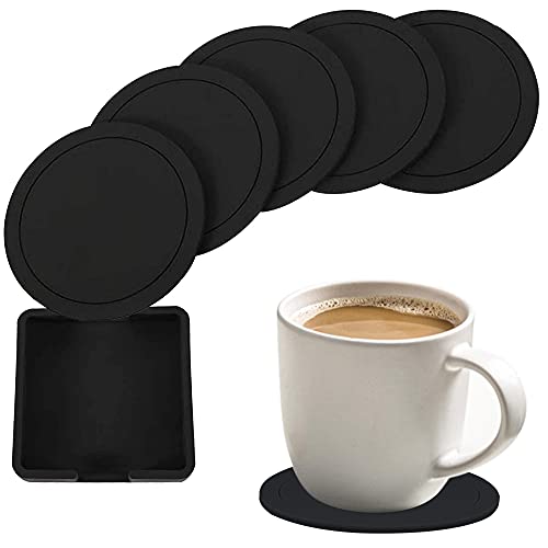 Lamondre Sottobicchieri in Silicone Tondo - Set Di 6 Incl, sottobicchieri birra, sottobottiglia da tavola, sottobicchieri silicone per casa, bar, ufficio, feste - Nero