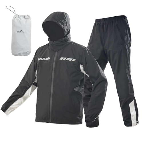VIKAMAKA Combinaison de pluie imperméable de moto pour homme, respirante et légère à capuche réfléchissante, veste de pluie et pantalon pour homme (noir et gris, taille XXL)
