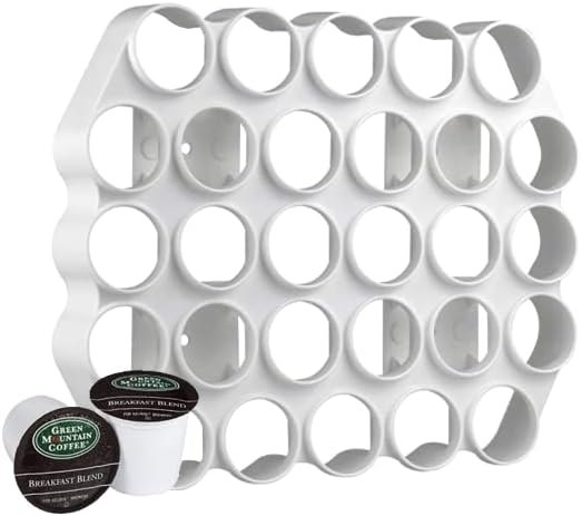 Storage Theory Peel and Stick Plastic Cafe Wall Caddy - Kcups Holder Wall Mount with 28 Capacity Single Serve Coffee or Tea Pod Wall Display… (White)