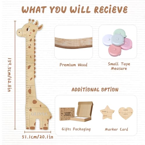 image for Woodemon Personalized Name Kids Growth Chart for Wall, Cute Giraffe Wo