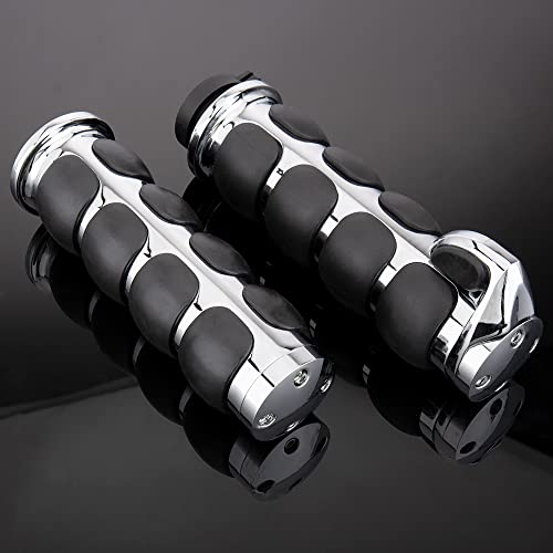 KICRY Motorcycle Hand Grips 1 Inch Handlebar Throttle Grips 25MM Chrome Black Aluminum Rubber Compatible with Harley Davidson Dyna Sportster Road King Street Glide Fat Boy Honda Shadow VTX(Chrome#2)